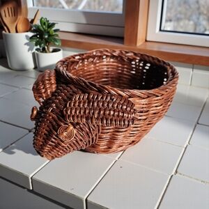 Bunny Rabbit Brown Wicker Small Basket Planter Easter Spring Decor